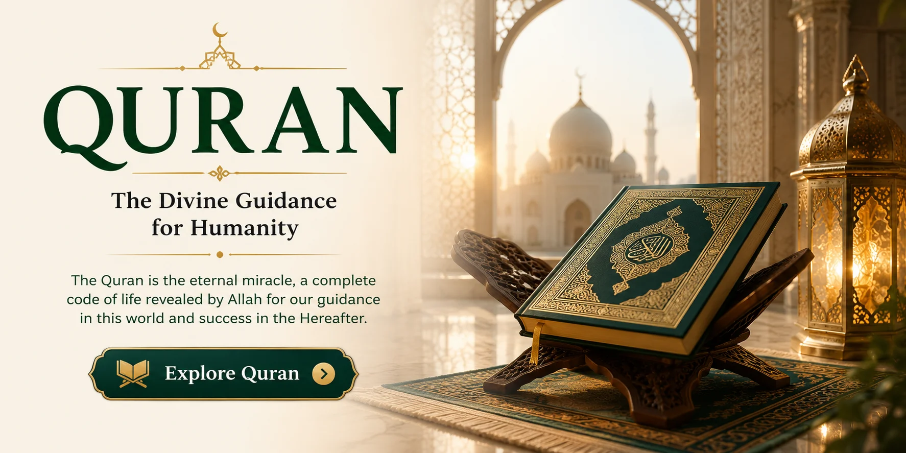 Open Quran with Islamic geometric background and soft golden light