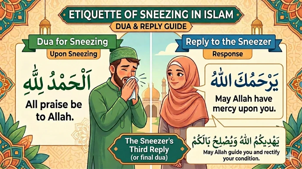 Dua for Sneezing and Its Reply in Arabic with English translation and transliteration
