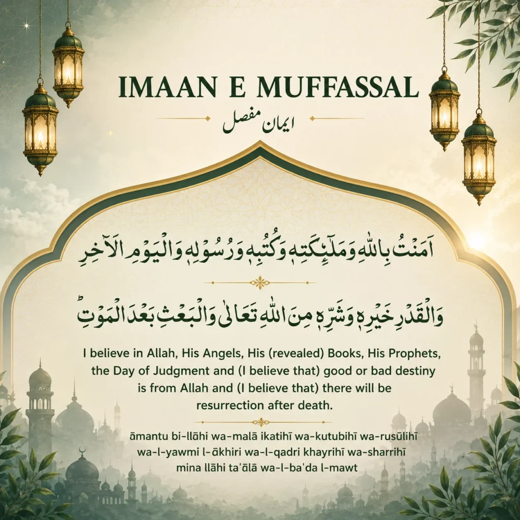 Iman e Mufassal in Arabic with English translation and transliteration