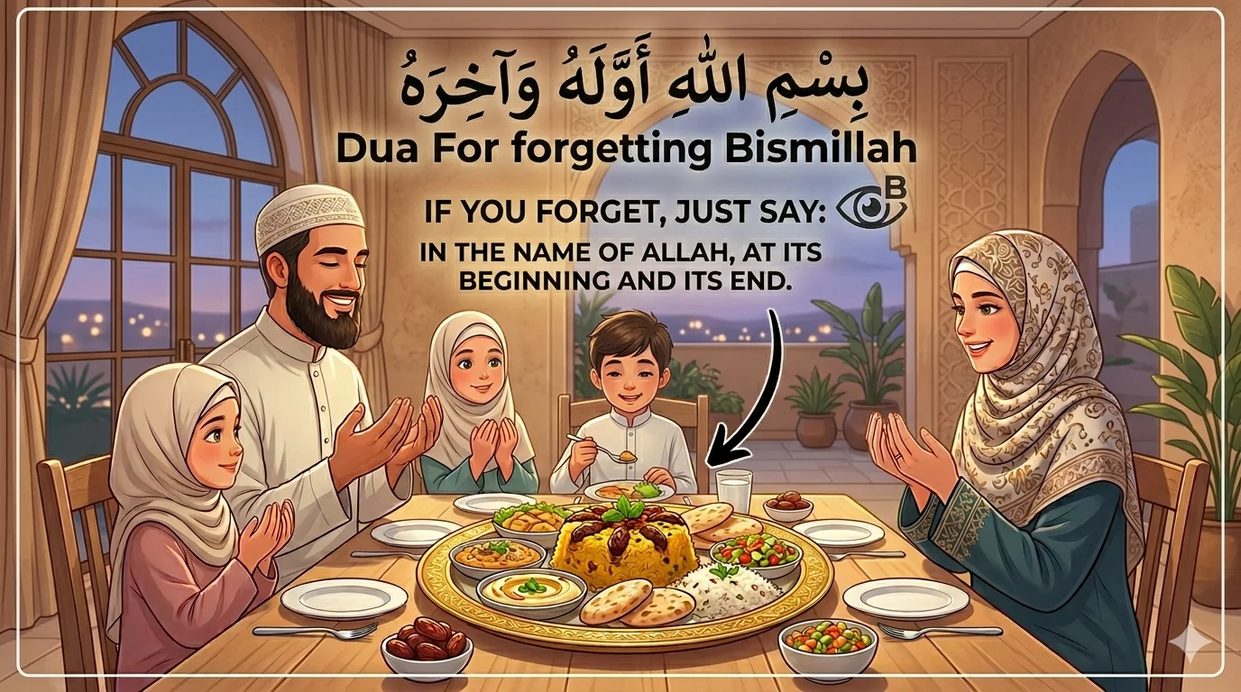 Dua if we forget to say Bismillah before eating in Arabic with English translation and transliteration