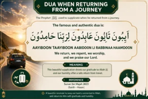 Dua When Returning Home from a Journey in Arabic with English transliteration and translation.