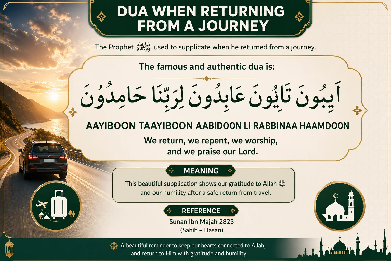 Dua When Returning Home from a Journey in Arabic with English transliteration and translation.