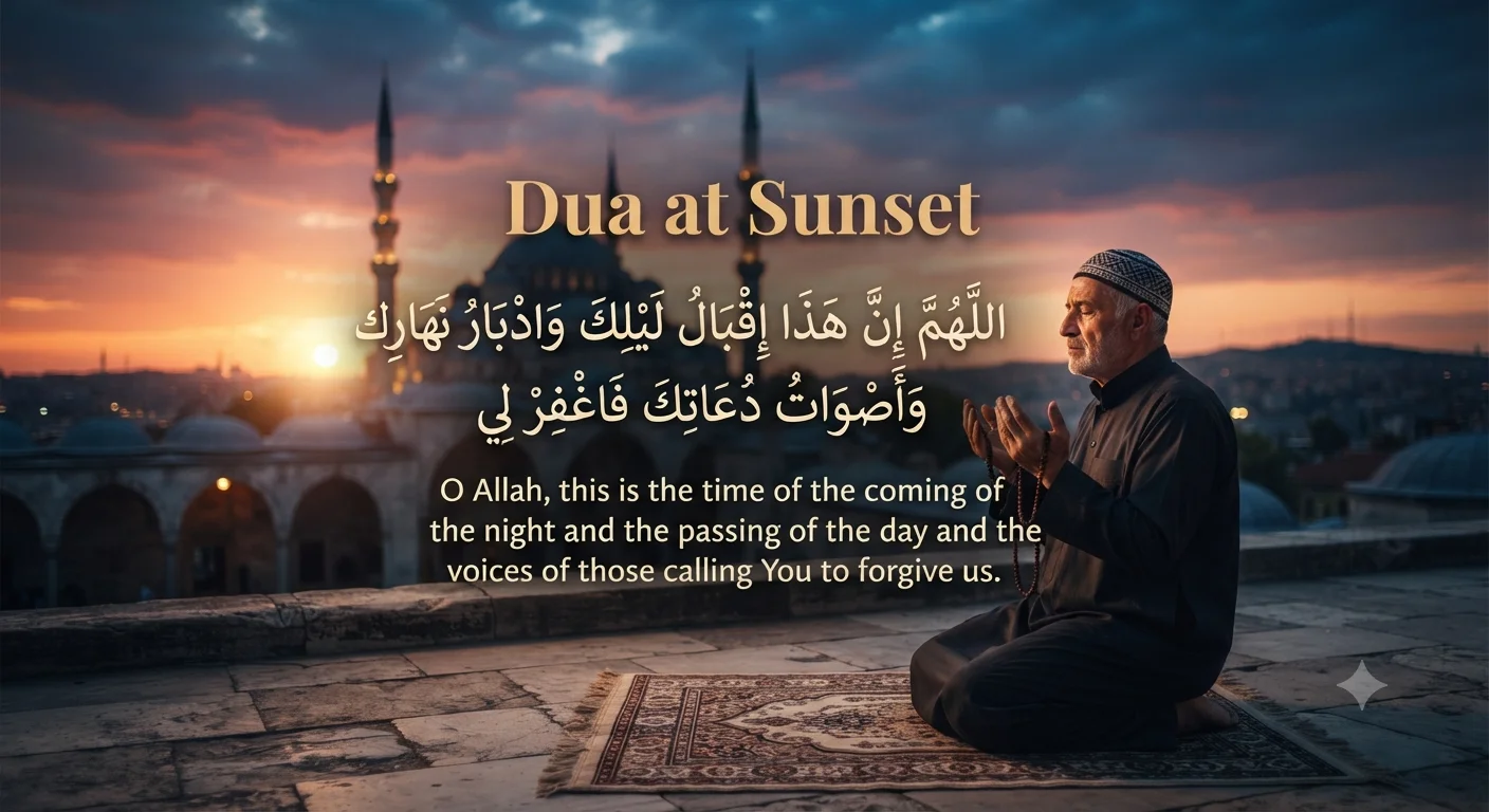 Dua at Sunset in Arabic with English translation and transliteration.