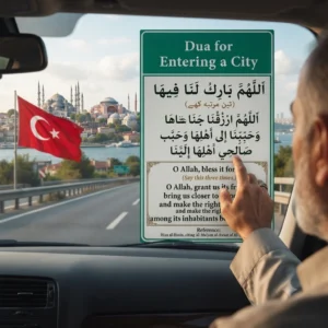 Dua for Entering a City in Arabic with English transliteration and translation before entering a new city during travel.