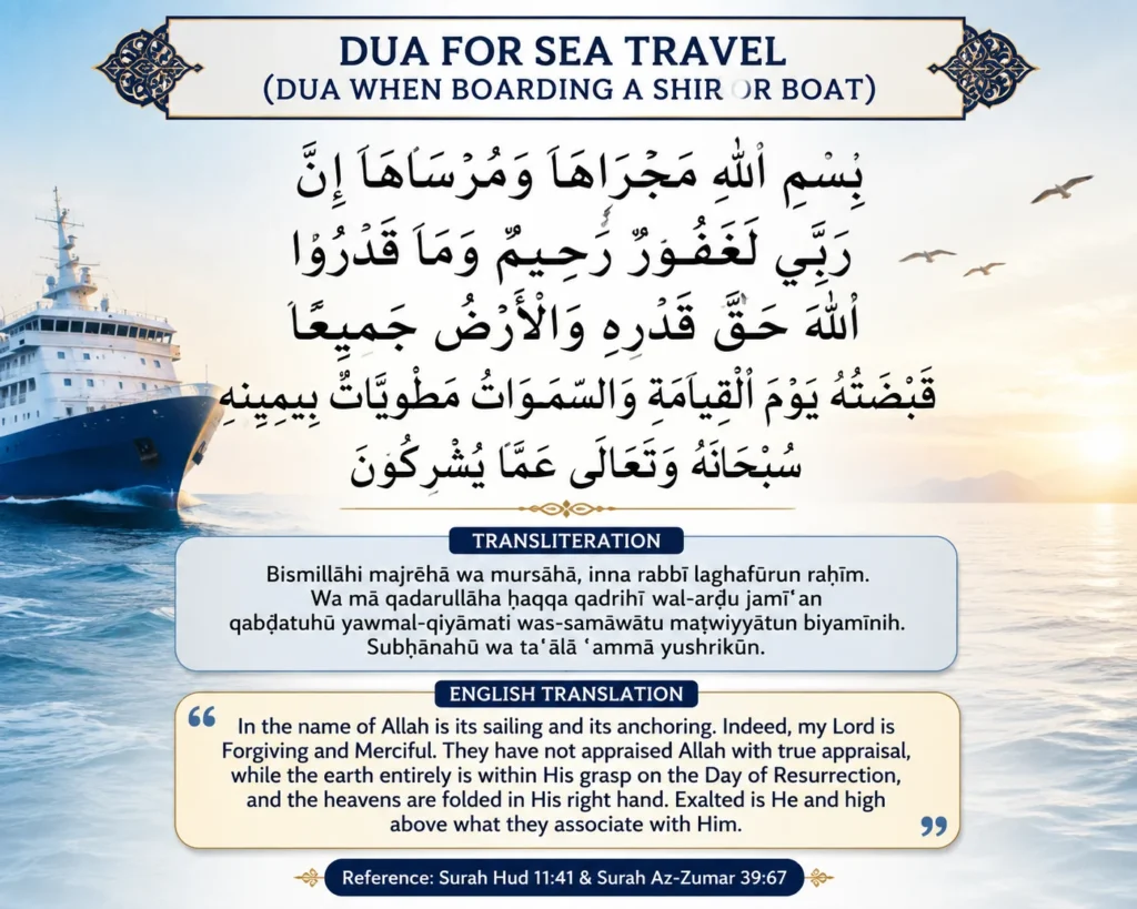Dua for Sea Travel Arabic with English transliteration, translation, Qur'an reference, meaning, and benefits before traveling by sea.