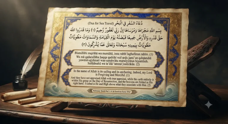 Dua for Sea Travel in Arabic with English transliteration, translation, Qur'an reference, meaning, and benefits before traveling by sea.