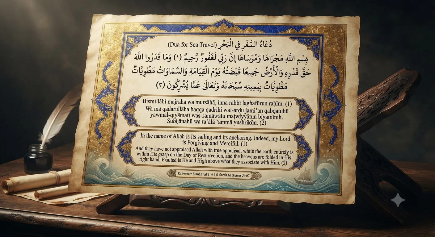 Dua for Sea Travel in Arabic with English transliteration, translation, Qur'an reference, meaning, and benefits before traveling by sea.