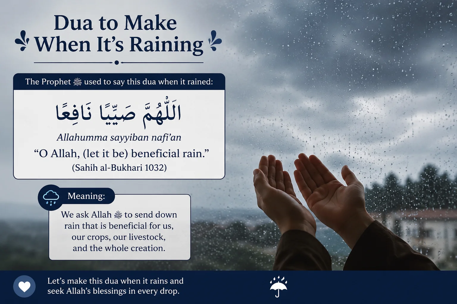 Dua to Make When It's Raining in Arabic with English translation and transliteration.