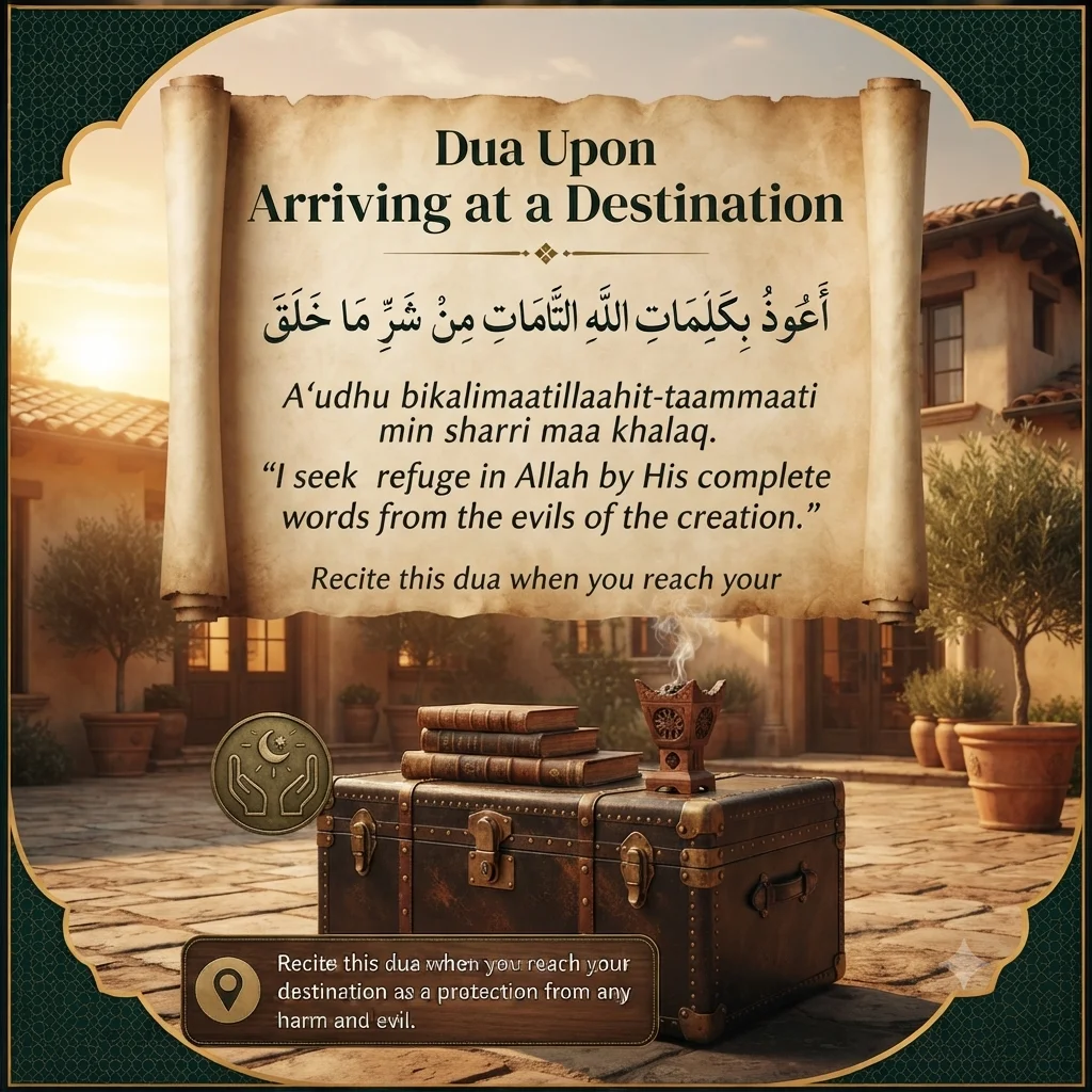 Dua Upon Arriving at a Destination in Arabic with English transliteration, translation, and authentic hadith for travel protection.