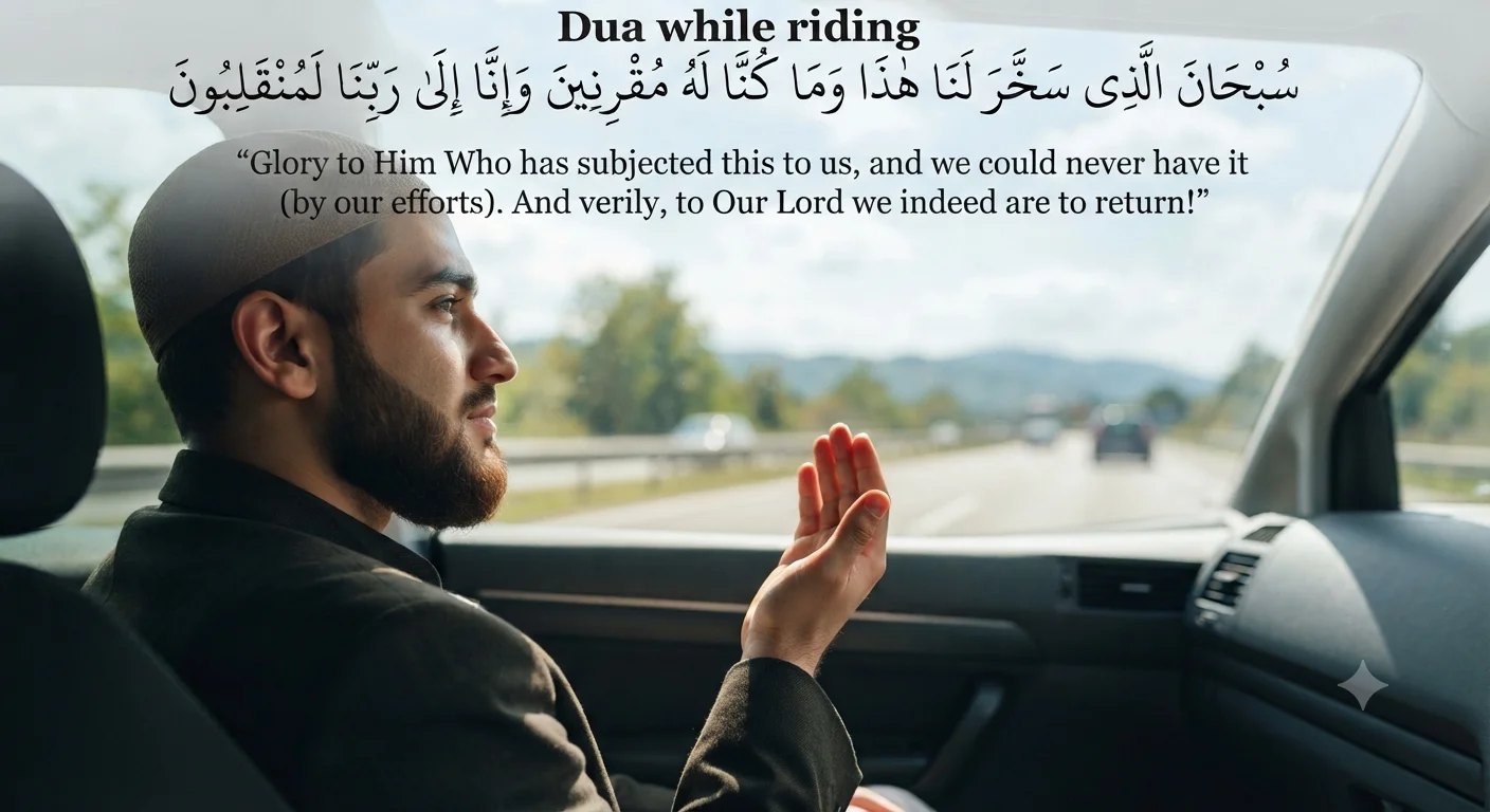Dua While Riding in Arabic with English transliteration, translation, Hadith reference, meaning, and benefits for safe travel.