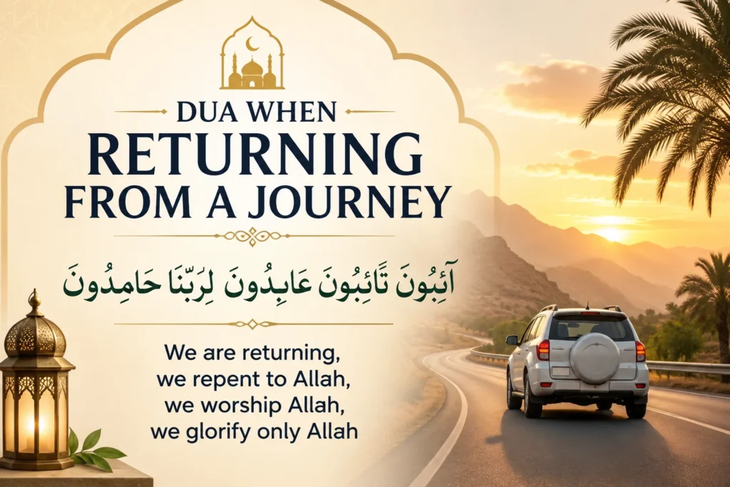 Dua When Returning from a Journey Arabic with English transliteration, translation, Hadith reference, meaning, and benefits.