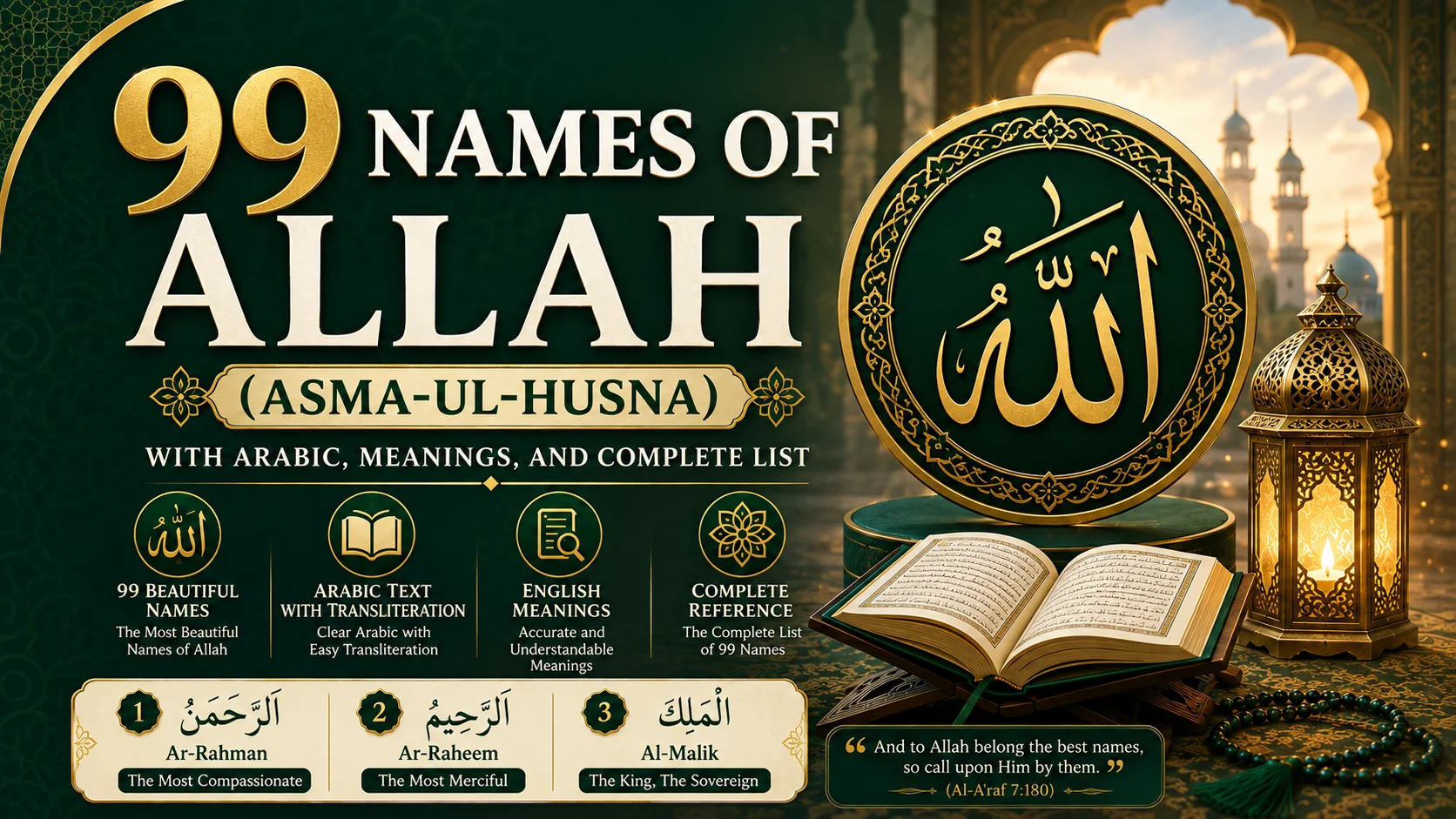 99 Names of Allah (Asma-ul-Husna) with Arabic, meanings, and complete list.